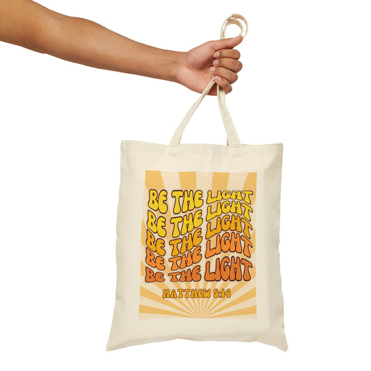 Be the Light - Christian Gifts for Women and Girls - Hippy Retro Christian Cotton Canvas Tote Bag - Matthew 5:14