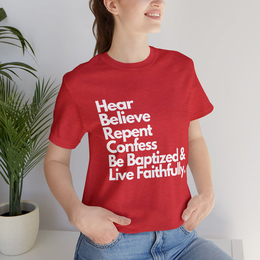 Steps of Salvation Christian T-Shirt for Women - Hear, Believe, Repent, Confess, Be Baptized, Live Faithfully - Transformative Journey of Faith - Inspirational Christian Gospel T-shirt