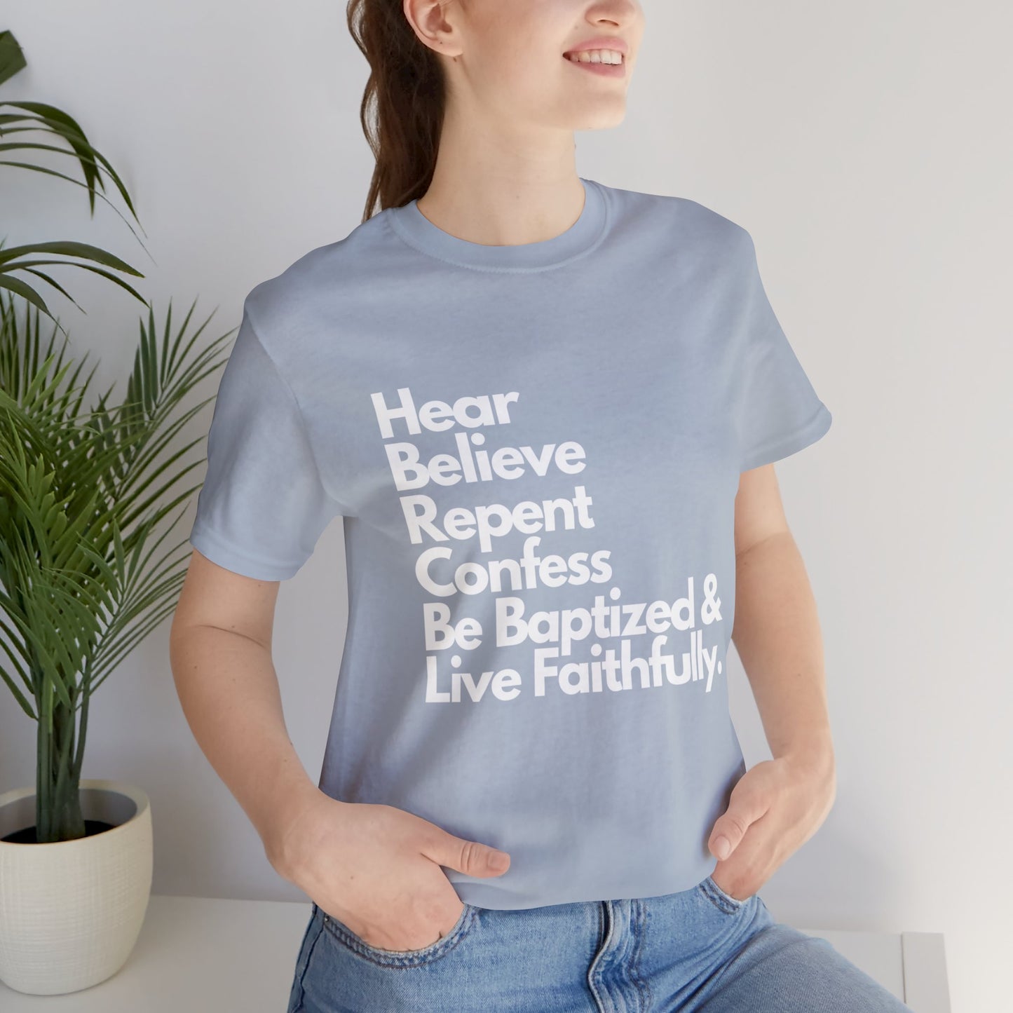 Steps of Salvation Christian T-Shirt for Women - Hear, Believe, Repent, Confess, Be Baptized, Live Faithfully - Transformative Journey of Faith - Inspirational Christian Gospel T-shirt