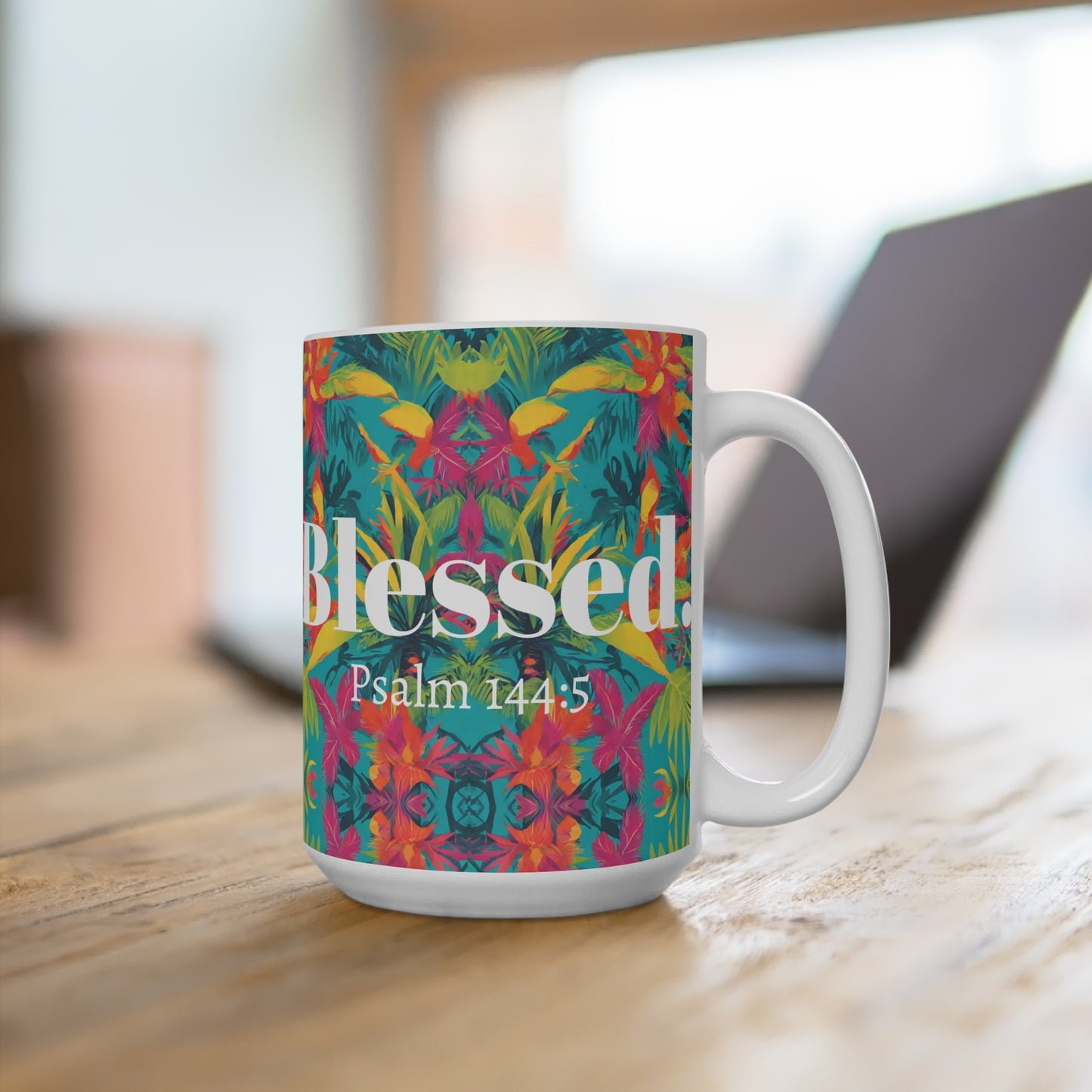 Tropical Blessed Psalm 144:5 Christian Coffee Tea Mugs - Gifts for Christian Women Moms - Stocking Stuffers 15oz Mug