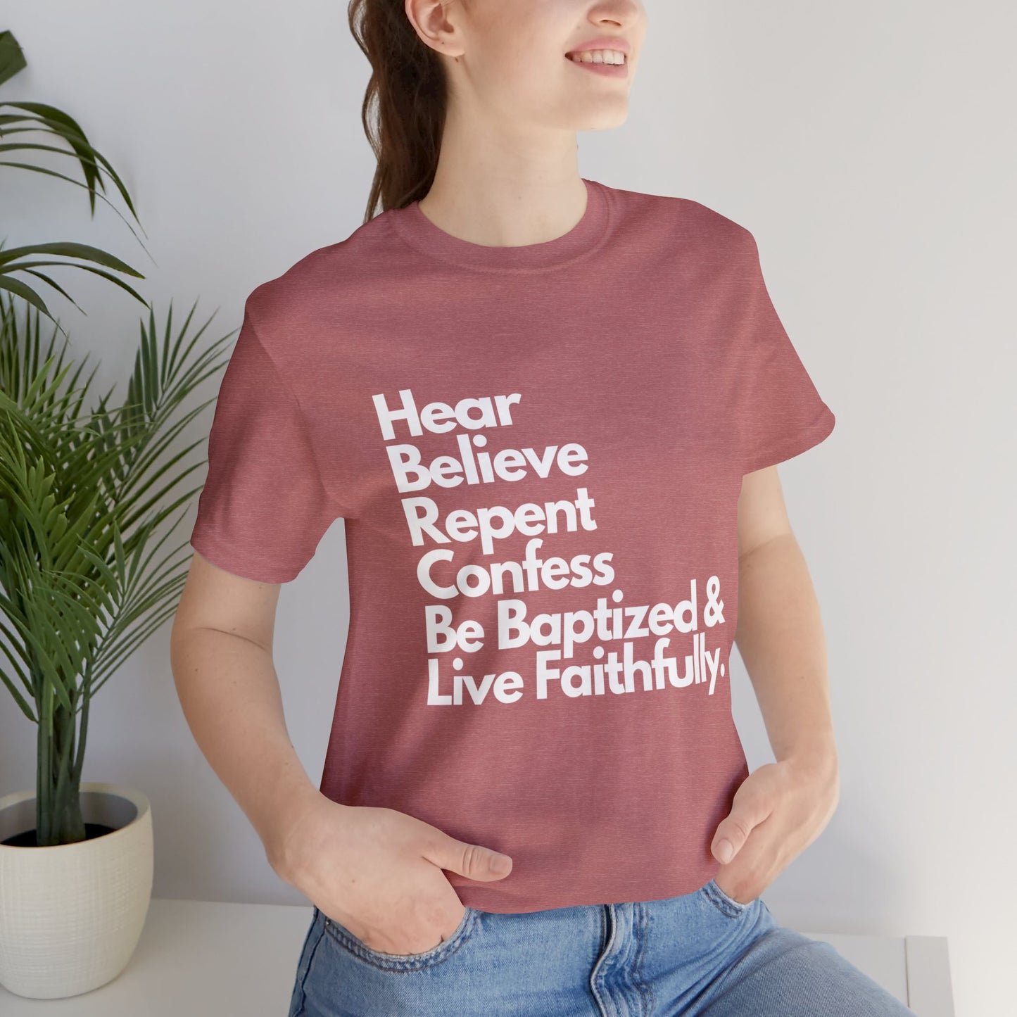 Steps of Salvation Christian T-Shirt for Women - Hear, Believe, Repent, Confess, Be Baptized, Live Faithfully - Transformative Journey of Faith - Inspirational Christian Gospel T-shirt